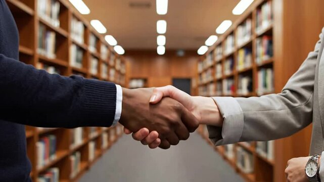 First-Person Perspective Handshake in a Modern University Library Signifying Collaboration and Knowledge Exchange in an Academic Setting