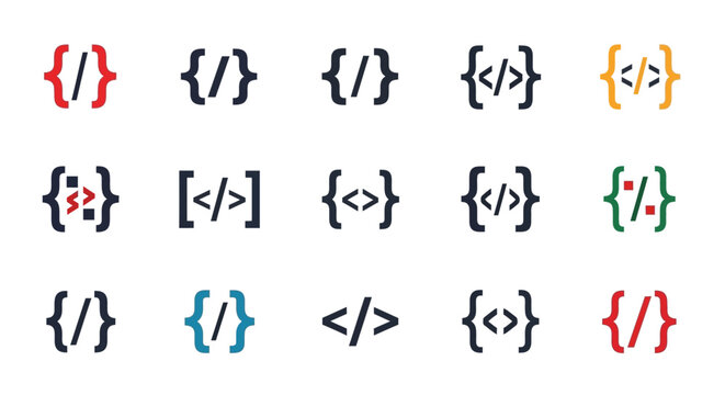 Collection of colorful coding and programming language syntax icons.