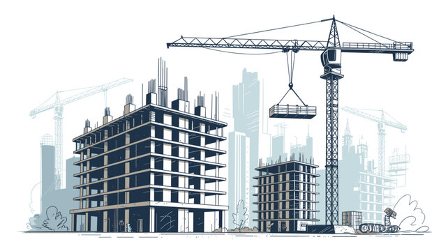 Sketch style illustration of a large urban construction site shows multiple buildings under development with tall cranes lifting materials.