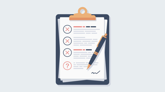 Clinical checklist or survey on a clipboard with marked answers and a signing pen for business evaluation or medical diagnosis records.