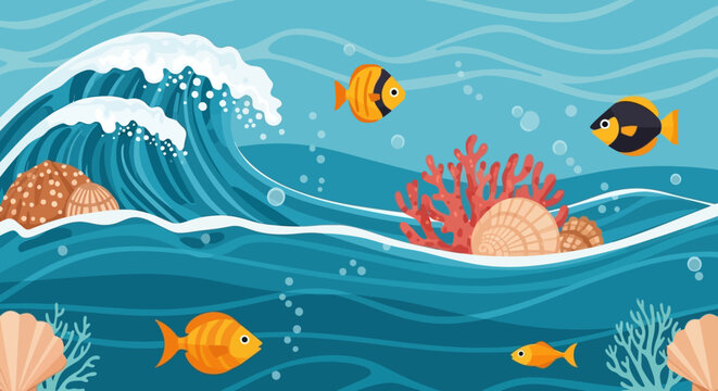 Colorful tropical fish swimming near coral reef and ocean wave illustration.