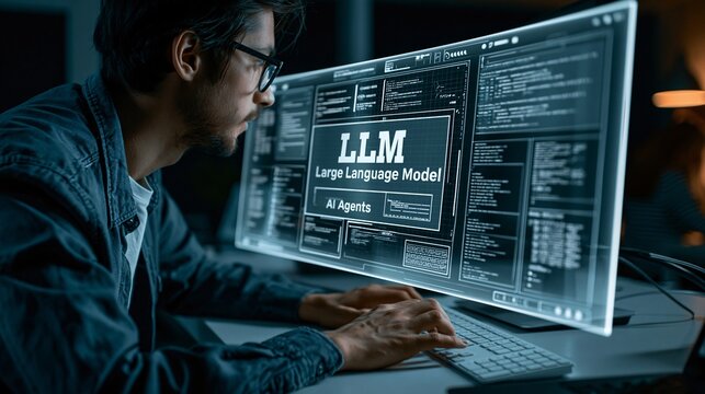 Developer focuses on large language model interface on curved monitor. Hands type on keyboard, screen displays AI code