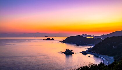 Naklejka premium Serene coastal landscape at sunset hour.