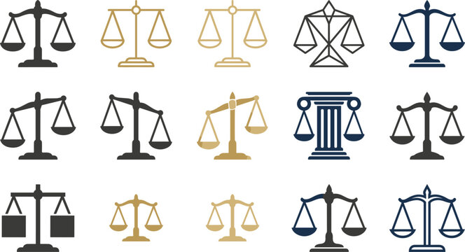 Scales of Justice and Law Firm Icon Set with Courtyard Pillar and Balance Symbols for Attorney Websites, Legal Advice Services, and Courtroom Graphic Designs