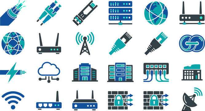 Network and Telecommunication Icon Set with Fiber Optic Cable, Router, Server Rack, and Ethernet Connector Symbols for IT Infrastructure and Cloud Computing Layouts