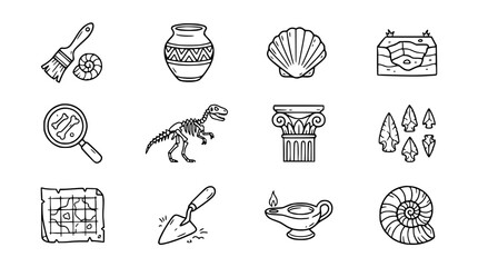 Archaeology Icons: Digging Tools, Fossils, Dinosaur Skeleton, Pottery, Map, Artifacts © Teh