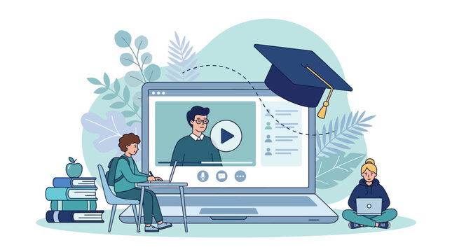 Online Learning Digital Education Flat Illustration with Male Teacher Headset Glasses and Students Teal
