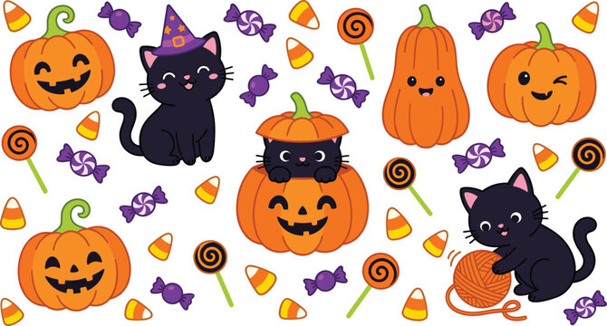 Cute Halloween Cats and Pumpkins Collection Featuring Black Kittens Candy Corn Lollipops and Spooky Holiday Illustrations