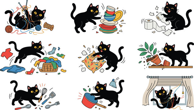 Cute Black Cat Naughty Behavior Cartoon Vector Character Set Doing Mischief Like Knocking Over Plants and Shredding Toilet Paper for Stickers Design
