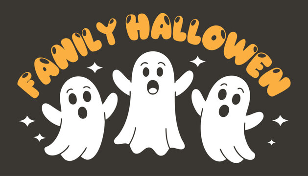 Family halloween ghosts illustration retro style spooky design for fall celebrations and party decorations