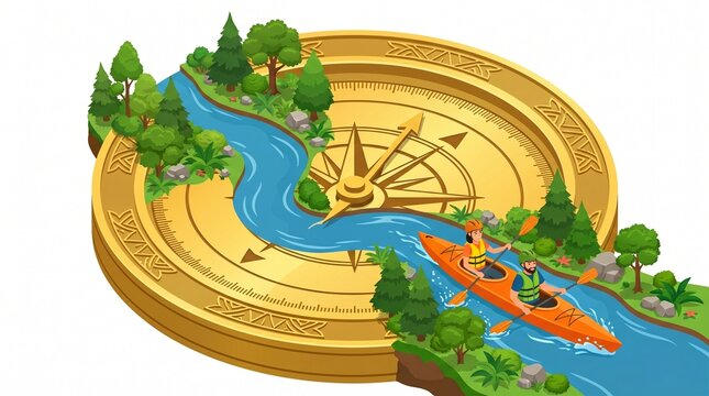 Isometric illustration of kayakers paddling along a river across a giant golden compass disc