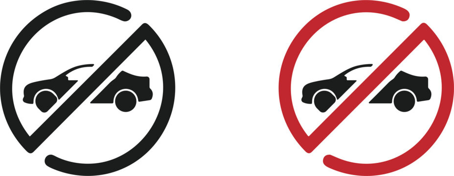 No parking sign icon set with car silhouette inside crossed round circle, restriction banner