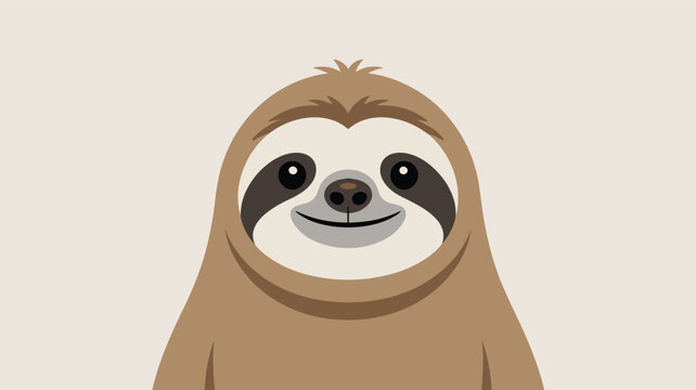 Adorable close up illustration of a sloth face with a gentle smile on a neutral beige background for nature and wildlife children themes decor.