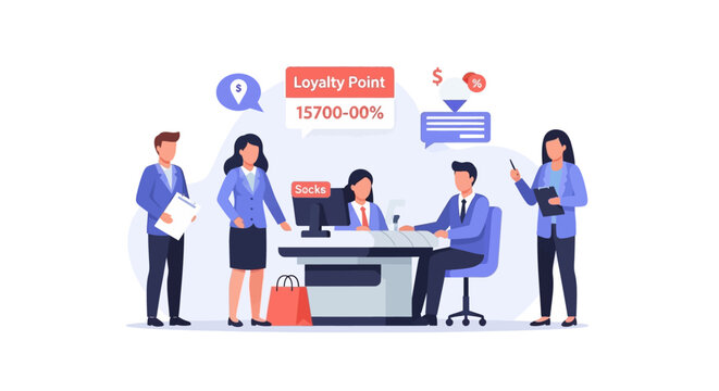 Corporate employees managing customer loyalty rewards program in a modern office.