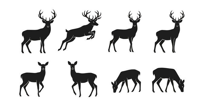 Deer silhouettes showcase various poses and movements in a landscape.