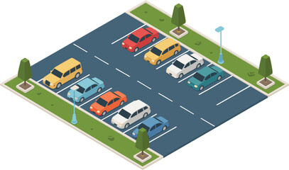 Isometric parking lot vector illustration, organized vehicle parking area with cars trees and street lighting © Ara