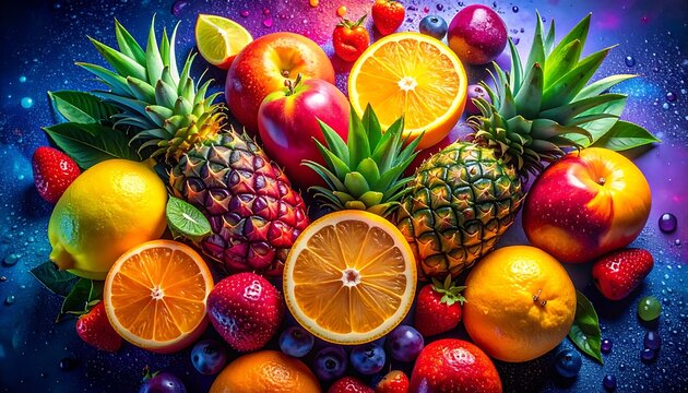 A vibrant arrangement of assorted fruits on a starry night background