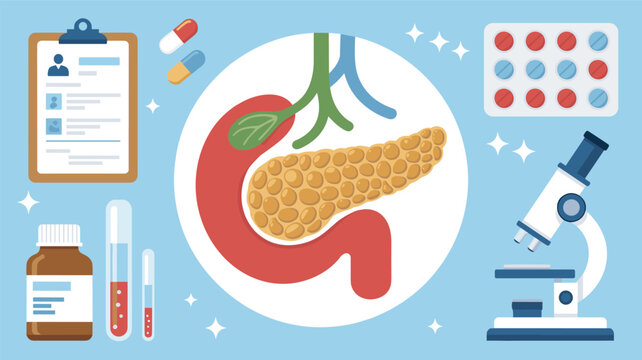 Pancreas medical illustration including lab equipment like a microscope and medication to represent endocrine health and research.