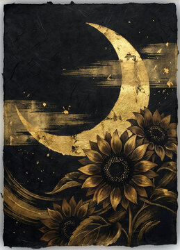 Sunflower ひまわり 338 Golden Sunflowers and Large Crescent Moon on Textured Black Japanese Paper Background（テクスチャのある黒和紙背景に描かれた金色のひまわりと大きな三日月）