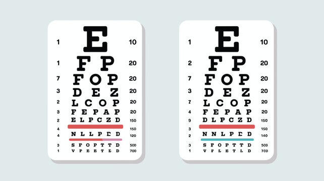 Eye test charts featuring letters of various sizes used by optometrists to measure visual acuity and identify vision problems.