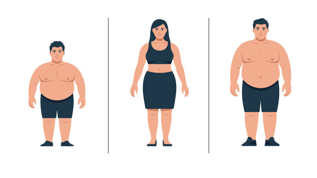 Illustration comparing different human body types including overweight men and a fit woman to highlight diversity in body shapes.