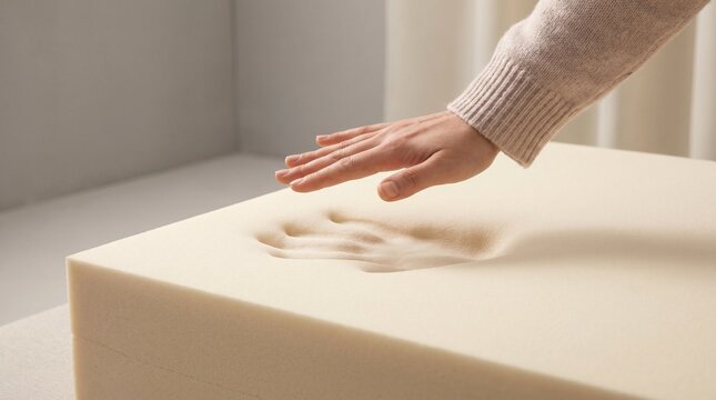 Hand pressing into memory foam, creating a deep indentation, close-up shot