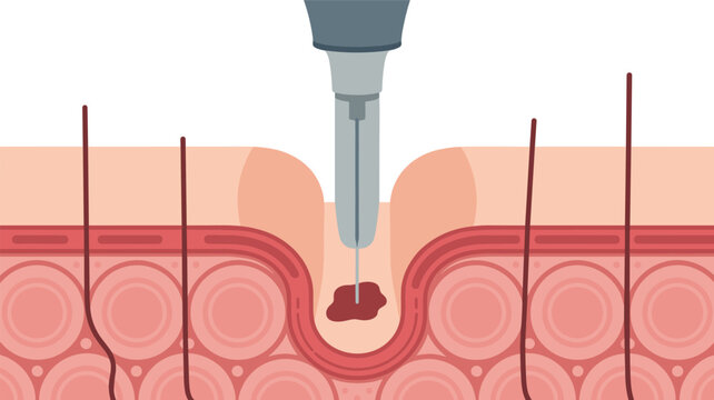 Cross section diagram of human skin layers with a biopsy needle tool extracting a sample from a localized lesion or mole.