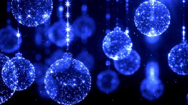 A sparkling blue Christmas ball hanging vertically. Each ball is filled with light particle effects and surrounded by a constant stream of tiny twinkling stars.