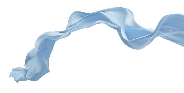 Luxury light blue pleated chiffon fabric flowing isolated on transparent background with copy space 3D render