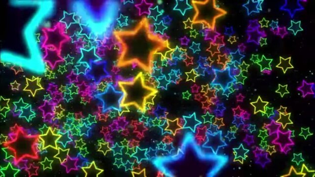 A stretch of colorful neon stars glides forward through the dark space. The bright neon light effects, combined with pink, blue, green, yellow, and purple, create a dynamic, 