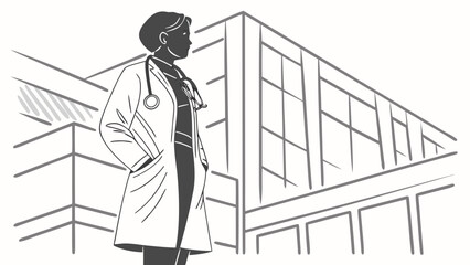 Doctor stands in front of a modern hospital building representing professional healthcare services. © Sami