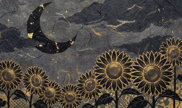 Sunflower ひまわり 342 Golden Sunflowers and Dark Crescent Moon on Gray Textured Washi Paper Background（質感のある灰色和紙背景に描かれた金色のひまわりと黒い三日月）