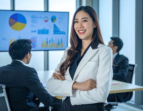 Asian businesswoman standing confidently in office.