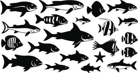 Sea Fish and Coral Reef Wildlife Vector Silhouette Icon Set Featuring Sharks Tropical Butterflyfish Tuna and Starfish Elements for Marine Restaurant Branding © Himel