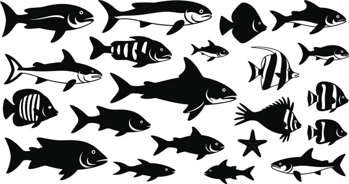 Sea Fish and Coral Reef Wildlife Vector Silhouette Icon Set Featuring Sharks Tropical Butterflyfish Tuna and Starfish Elements for Marine Restaurant Branding