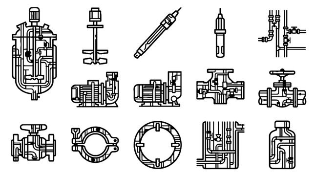 Industrial Chemical Engineering Equipment Icons Set in Black Line Art Style.