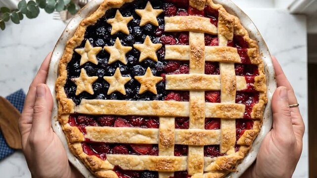 Person Holding Homemade Patriotic Fruit Pie Shaped Like American Flag