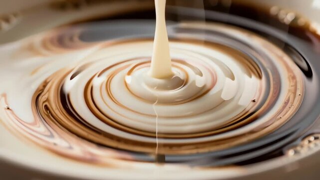 Close-up of creamy liquid swirling into a coffee mixture