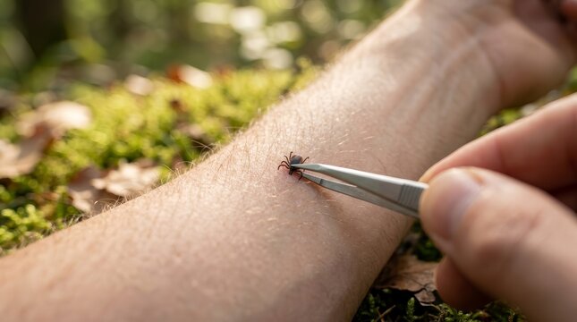 Lyme disease and encephalitis prevention concept showing tick removal in a summer forest.