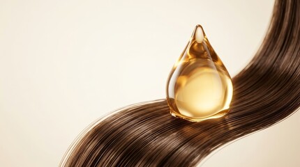 Fototapeta premium Shiny brown hair with a golden essential oil drop for cosmetic advertising.
