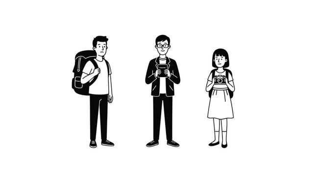Three diverse individuals with backpacks and a camera, representing travel, education, and exploration in a minimalist style.
