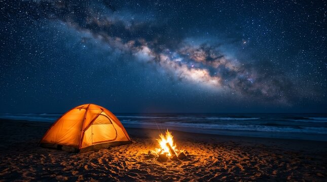 Majestic Milky Way galaxy over a glowing tent and campfire on a sandy beach at night.