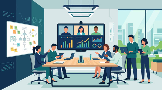 Business team conducting a hybrid video conference meeting in a modern office with data charts on screens