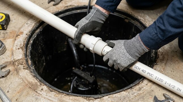 Technician wearing gloves guiding a white pipe for sump pump installation and drain connection.
