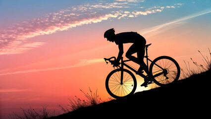 Obraz premium Silhouette Cyclist Riding Uphill at Sunset – Vibrant Sky Gradient, Dynamic Motion, Outdoor Adventure, Fitness Lifestyle and Inspiring Nature Sports Photography