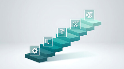 Obraz premium 3D Abstract Illustration of Business Growth and Strategic Planning with Progress Steps and Digital Goal Icons
