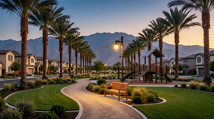 Fototapeta premium Suburban park with palm trees, playground, and mountain backdrop, at dusk community