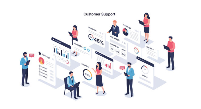 Isometric customer support team managing data and analytics with digital interfaces.