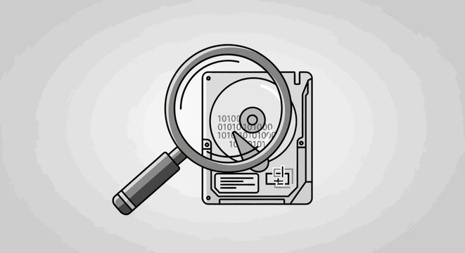 Magnifying glass inspecting a computer hard drive for digital data recovery and forensics analysis.