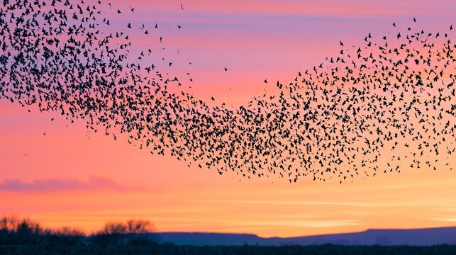 Starling Murmuration in Pink Sunset Sky